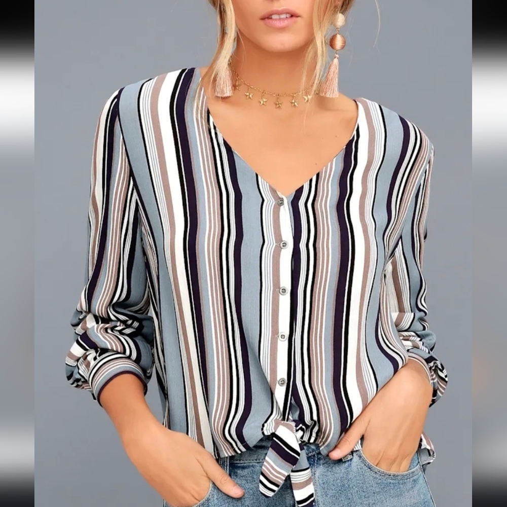 Lulus Always Faithful Blue Striped Long Sleeve Knotted Top